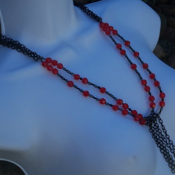 Handmade Double Strand Goth Beaded Necklace with Black Chains and Red Beads - Picture 6 of 16
